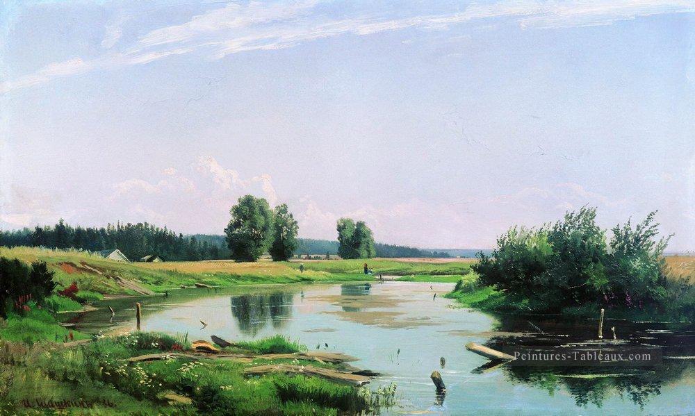 paysage avec le lac 1886 Ivan Ivanovitch vert Peintures à l'huile